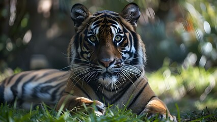 Fototapeta premium Description of a tiger mother a large wild cat with distinctive stripes. Concept Tiger Mother, Wild Predator, Distinct Stripes, Fierce Protector, Majestic Creature
