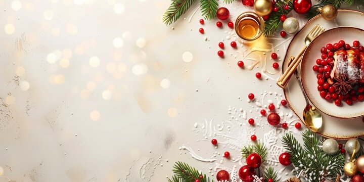 Elegant Christmas dinner setup with plate of festive dessert, surrounded by decorations and bokeh lights