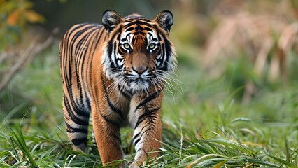 Fototapeta premium Tiger Mother: A Description of a Large Wild Cat with Distinctive Stripes. Concept Wildlife, Animal Characteristics, Stripes Pattern, Large Cats, Tiger Species