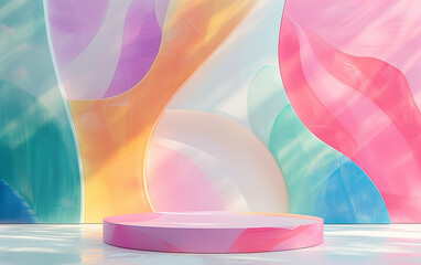 Modern Abstract Product Display: Pastel Waves and Soft Curves on Futuristic Platform