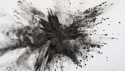 An explosion of black charcoal powder against a white background, creating an intense burst effect, suitable for dramatic and abstract art presentations