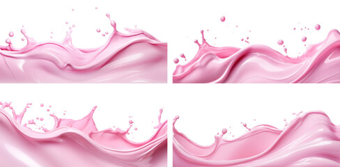 Set of splashes of pink milky liquids similar to smoothie, yogurt or cream, cut out