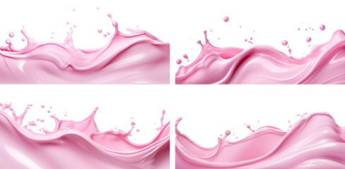 Set of splashes of pink milky liquids similar to smoothie, yogurt or cream, cut out