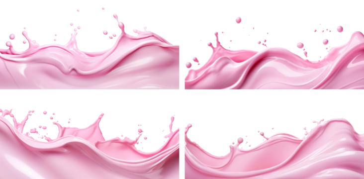 Set of splashes of pink milky liquids similar to smoothie, yogurt or cream, cut out