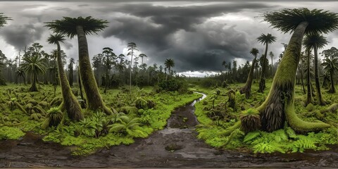 panoramic equirectangular image of a swampy prehistoric forest
