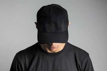 Man wearing blank black baseball cap, mockup