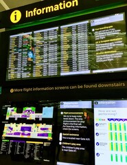 Amsterdam Centraal Information Board: Detailed shot of an information board at Amsterdam Centraal, displaying departure times and terminal details, capturing the bustling atmosphere of the city's main