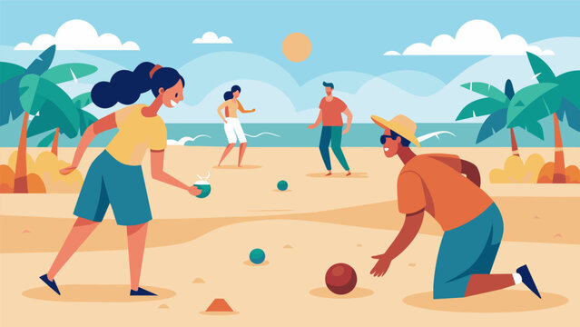 In the midst of a crowded beach two strangers strike up a conversation as they compete against each other in an intense game of bocce ball.. Vector illustration