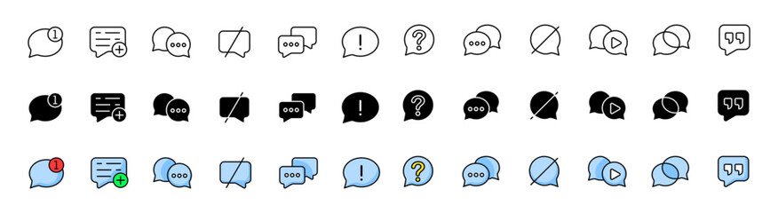 Message icon collection. Speech bubbles icons. Linear, silhouette and flat style. Vector icons
