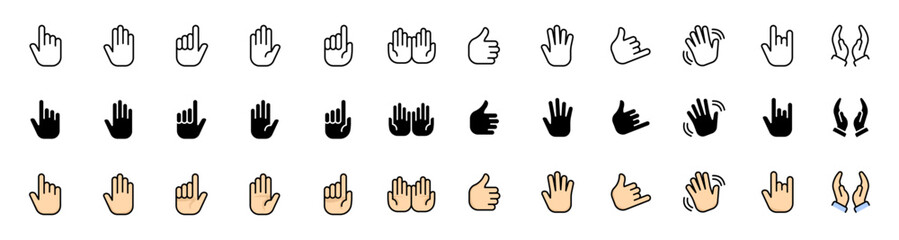 Hands icons collection. Hand gestures icons. Linear, silhouette and flat style. Vector icons