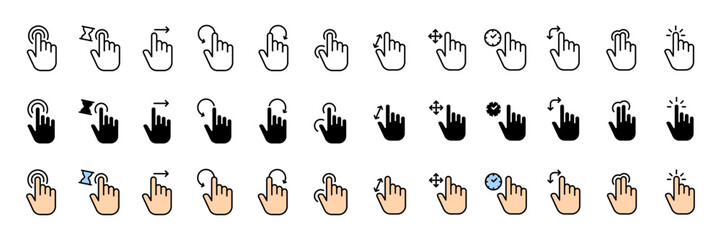 Swipe symbols icon collection. Hand buttons. Linear, silhouette and flat style. Vector icons
