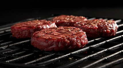 Juicy grilled beef burger patties on black background. Delicious close-up of grilled hamburger meat with grill marks.