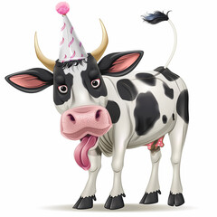 Funny cartoon cow wearing party hat and sticks out tongue isolated over white background. Cute 3D cow ready for a party. Celebrating a birthday. Design for greeting card, invitation card.