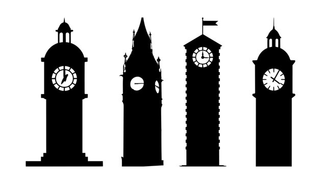 set of clock tower silhouettes, isolated background