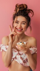 A young woman playfully holds a doughnut up to her face, indulging in a sweet moment of whimsy
