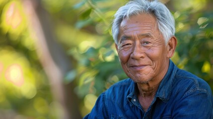 A Headshot Captures A Happy Old Mature Asian Man With White-Grey Hair Wearing A Blue Shirt, Background HD For Designer        