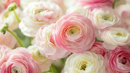 Pink and white ranunculus flowers: delicate floral blooms in soft hues, botanical illustration perfect for spring, wedding decor, or greeting cards, high-quality vector art