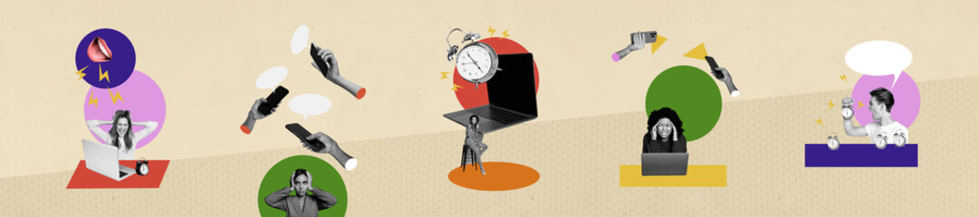 Horizontal image collage poster of tired stressed people working hard time management tasks...