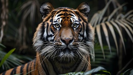 Fototapeta premium Majestic Sumatran Tiger in the Jungle: A Closeup Portrait. Concept Wildlife photography, Endangered species, Jungle habitat, Tiger conservation, Majestic animals