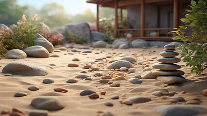 Digital painting: A serene, Zen garden, with carefully arranged rocks, raked sand, and a sense of balance and tranquility, all captured in the delicate, nuanced colors of digital painting. 