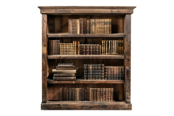 Vintage wooden bookcase with books isolated on transparent background