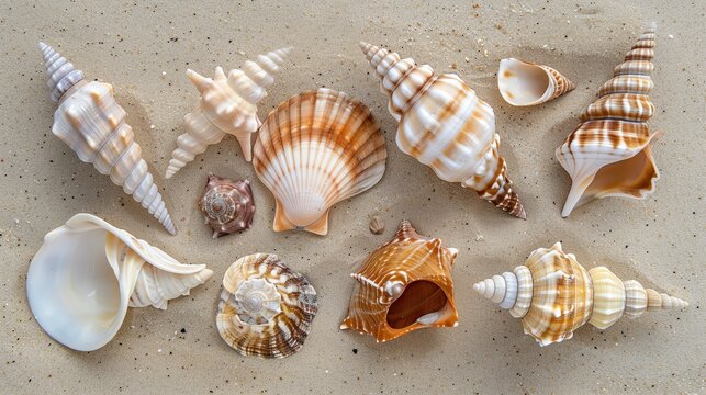 Shiny Seashell Collection, Professional studio photography, hyperrealistic, minimalism, negative space, high detailed, sharp focus, shiny seashell collection on a sandy beach