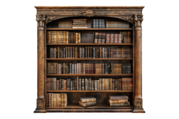 Vintage wooden bookcase with books isolated on transparent background