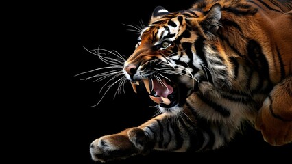 Fototapeta premium Fierce tiger midjump mouth open sharp teeth on black background. Concept Animal Photography, Wildlife Portraits, Ferocious Tiger, Jumping Motion, Black Background