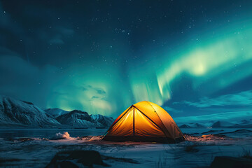 Illuminated tent under a beautiful northern light display on Lofoten islands in Norway