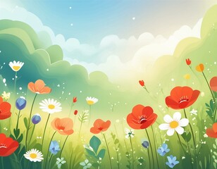 Lush meadow filled with wildflowers such as poppies, daisies, and bluebells