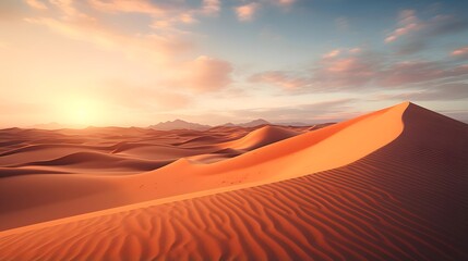 Desert sand dunes panorama at sunrise. 3d render