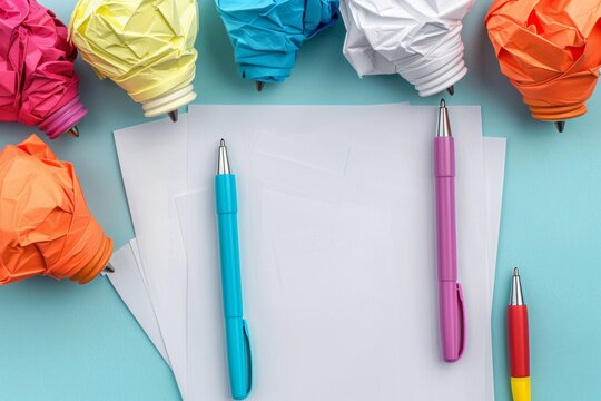 A colorful array of pens resting on a paper, creating a vibrant and artistic snapshot of creativity and planning in action. Generative AI