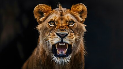 Fototapeta premium Fierce female lion displaying aggression and charging towards adversary against black backdrop. Concept Wildlife Photography, Animal Behavior, Aggression in Nature, Dramatic Encounters