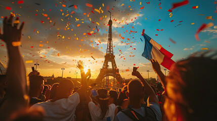 Crowd of supporters at a sports event at the Eiffel tower in Paris France, Olympic games concept