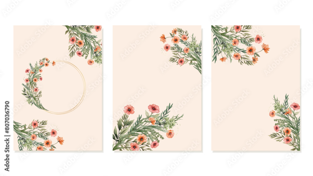 Wall mural 3 backgrounds for greeting cards, invitations, posters with field pink and orange flowers hand paint