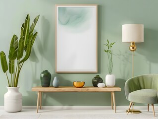 Poster mockup with wooden frame in home interior light green background