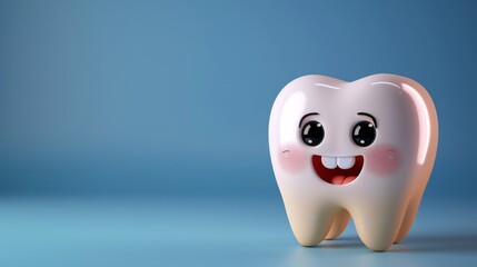 cute tooth character smiling on blue background, copy space, oral care