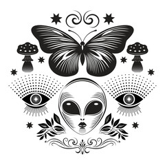 Black and white illustration on the theme of mystic and esoteric. Alien Woman face and butterfly banner