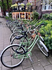 Amsterdam's Cycling Scene: A row of parked bicycles lines a lush, green sidewalk café in...