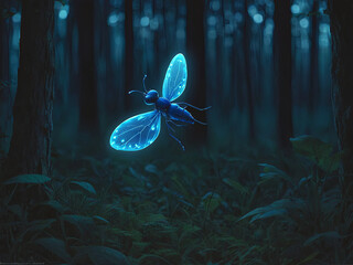 Blue Firefly in the forest in nighttime