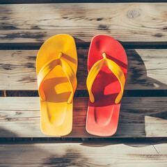 Colorful flip flops on wooden deck. Summer vacation concept.