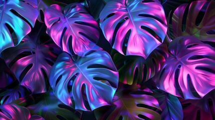 neon tropical monstera leaf generative ai