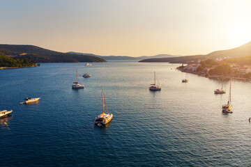 Scenic Croatia Slano aerial above view many yachts boat ships moored at scenic sunrise in Adriatic...