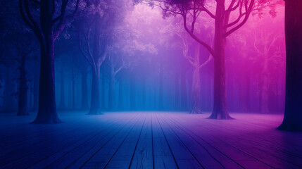 Mysterious purple forest with mist fog. Natural lights and shadows. Empty copy space for silhouette dance. Generative AI	