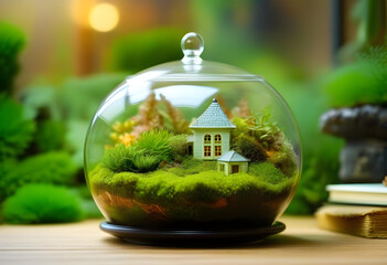 A glass terrarium filled with moss and other plants