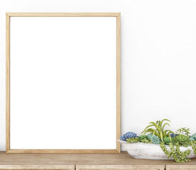 picture frame on the table, wood frame mockup, blank wall