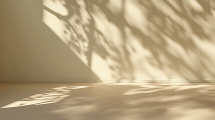 Serene beige background with delicate leaf shadows. Empty copy space for product presentation. Backdrop for design. Generative AI	
