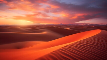 Panoramic view of sand dunes in the Sahara desert at sunset