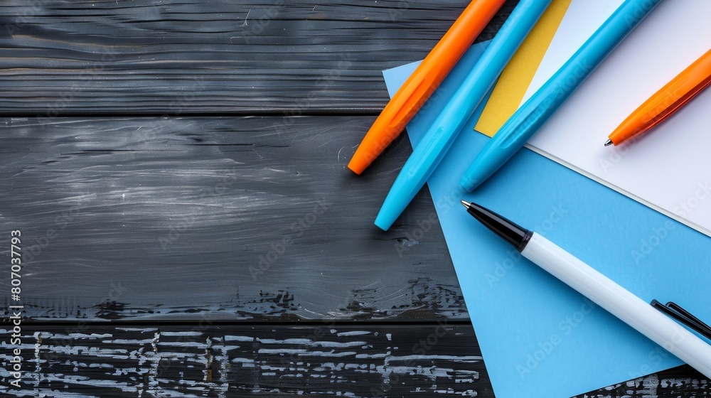 Fototapete a wooden table adorned with several pens and paper, illuminated by creative energy and ready for bra