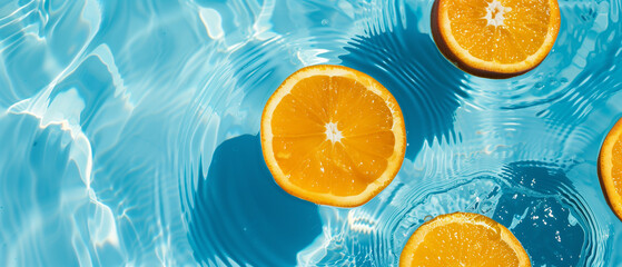 Bright summer wallpaper showcasing orange fruit slices in pool water. Copy space included for text.